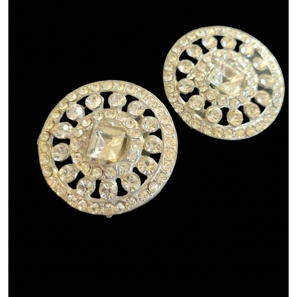 Vintage Silver Tone Clear Rhinestone Round Thank Buttons 1.125 Inch Size Large